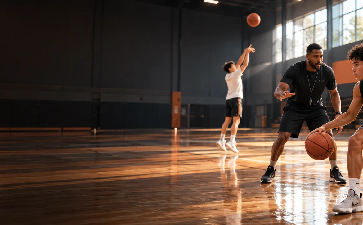 Illustrative basketball gym scene