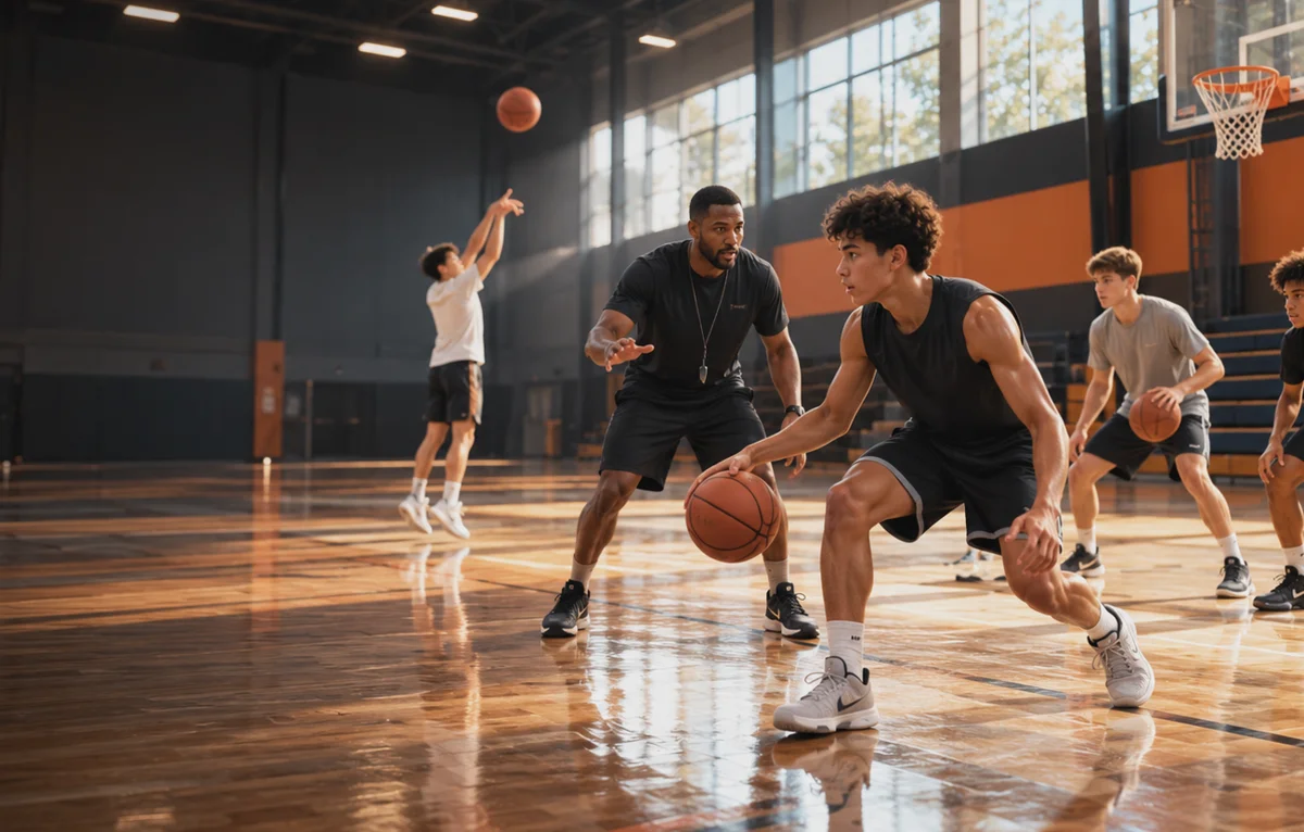 Illustrative indoor basketball scene