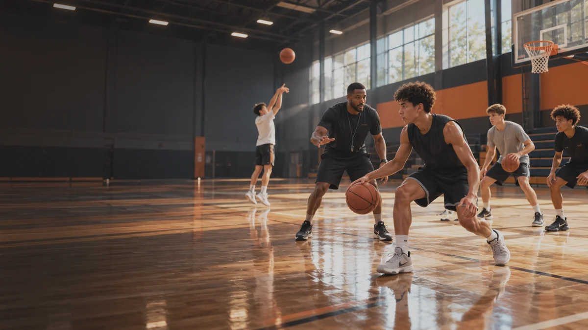 Illustrative indoor basketball scene